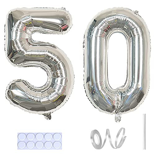 Yijunmca Silver 50 Number Balloons Giant Jumbo Number 50 32" Helium Balloon Hanging Balloon Foil Mylar Balloons for Women Men 50th Birthday Party Supplies 50 Anniversary Events Decorations