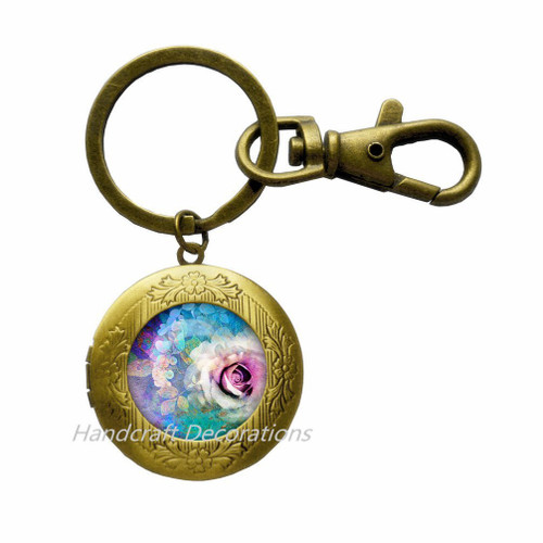 Rose Locket Key Ring Rose Locket Keychain Rose Jewelry Flower Locket Keychain Photo Jewelry Art Jewelry Glass Jewelry Best Friend Locket Keychain.F061 (E2)