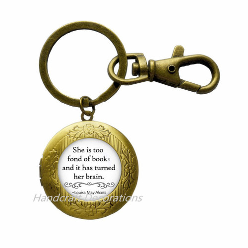 She is Too Fond of Books Quote Locket Keychain Alcott Quote Book Quote Book Lover Gift Writer Jewelry Author Jewelry?Book Lover Gift, Book Quote Locket Keychain.F183 (E2)