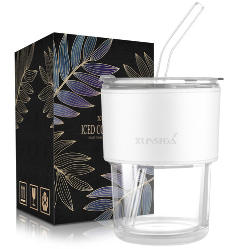 Xunsiga 15 oz Glass Cups with Lids and Straws, Glass Iced Coffee Cup with Insulated Leather sleeve, Cute Glass Coffee mugs for coffee Iced Tea Smoothie Cups, Glass Tumbler with lid- Clear