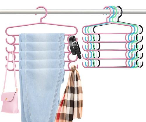 ZRKFSR Pants Hangers Space Saving,5 Pack Plastic Arm Pants Hangers for Closet Organizer,Jean Hangers Clothes Hangers Closet Storage Organizer for Trouser Jean Scarf Tie,With2 Cascading Hangers (Color)