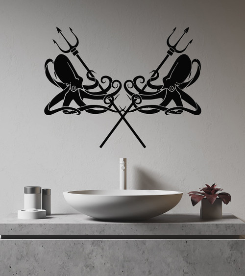 Vinyl Wall Decal Octopus Kraken Trident Tentacles Sea Marine Stickers (357ig) Grey