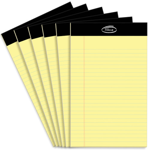 Alitte Yellow Legal Notepads 5x8, Pack of 6 - Perforated Narrow Ruled Writing Pad - Premium Thick Paper, No Ink Bleeding - Blank Legal Pads For Home, Office, School, Business - 50 Sheets Per Notebook