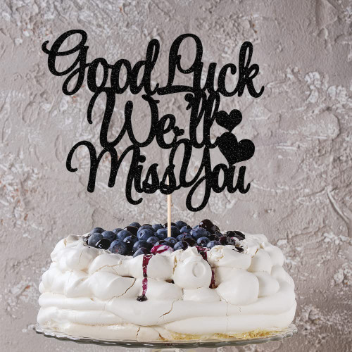 AROKIPPRY Black Glitter Good Luck We'll Miss You Cake Topper For Graduation Party, Job Change, Farewell Party, Retirement, Housewarming Party Supplies
