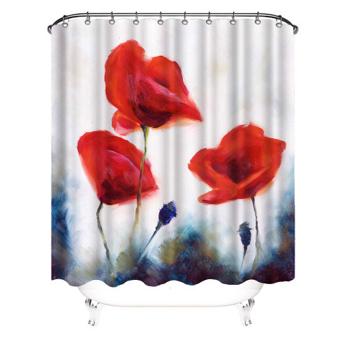 VividHome Red Poppy Flower Shower Curtains for Bathroom Vintage Floral Art Design Fabric Curtain with 12 Hooks Set Cloth Shower Curtain 72X72 Inches