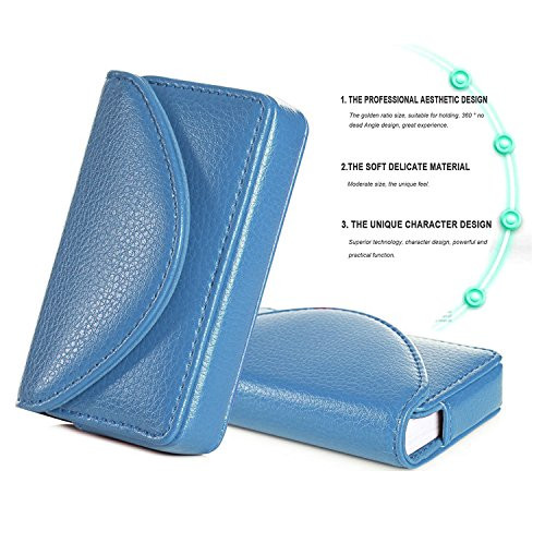 RFID Blocking Minimalist Leather Business Credit Card Holder with Magnetic (Blue)