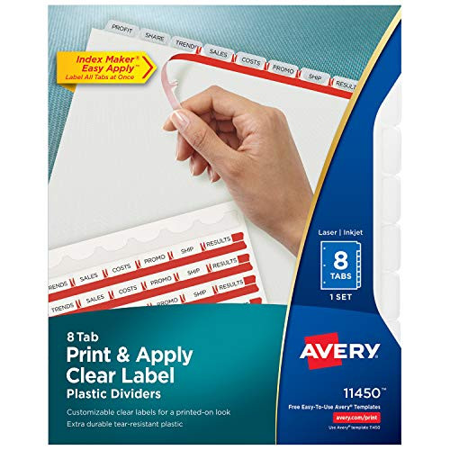 Avery 8-Tab Plastic Dividers, Easy Print & Apply Clear Label Strip, Index Maker, 1 Set (11450)