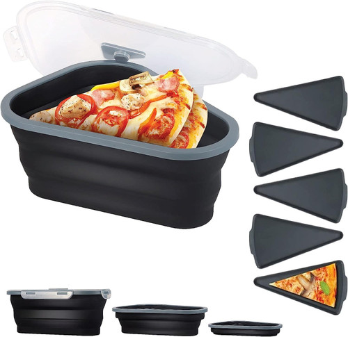 DqsWko Pizza Storage Container Expandable,Pizza Container with 5 Microwavable Serving Trays,Reusable Pizza Storage to Organize Save Space,Microwave Safe,Adjustable Pizza Slice Container (Black)