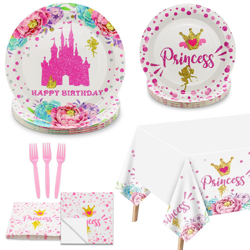 Princess Party Decorations - 81pcs Castle Decorations Including Pink Princess Plates, Princess Napkins, and Tablecloth for Belle Princess Girls Birthday Party Decorations Princess Party Supplies, Serve 20
