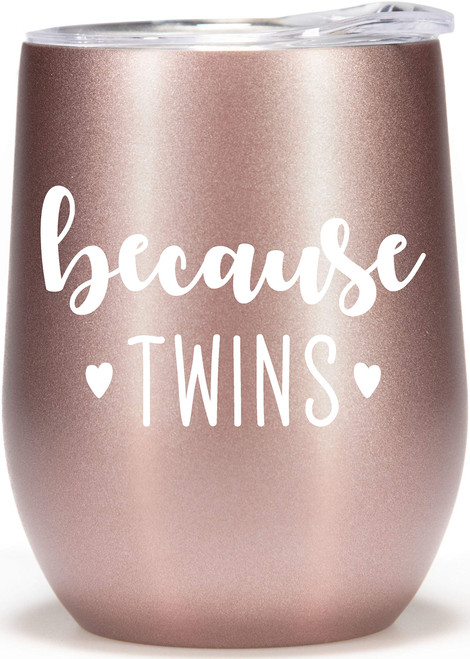 Twin Mom Gifts - 12oz Wine Glass Tumbler Cup- Funny Mom of Twins Gifts, Mother of Twins, Parents of Twins, Because Twins Travel Coffee Mug