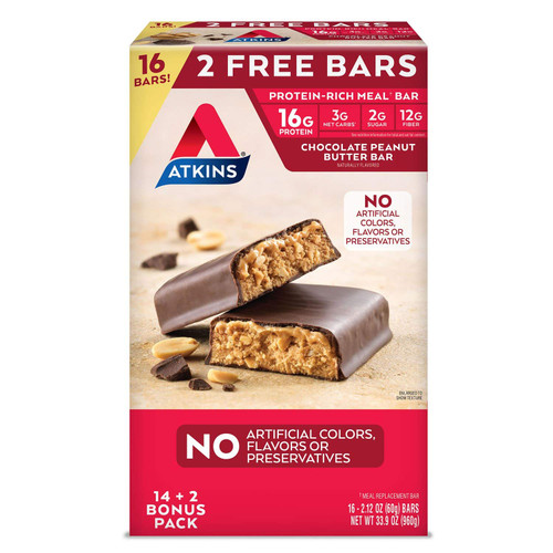 Atkins Meal Bar Chocolate Peanut Butter Pack (14 Count + 2 Bonus Bars) Atkins Meal Bar Chocolate Peanut Butter Pack (14 Count + 2 Bonus Bars)