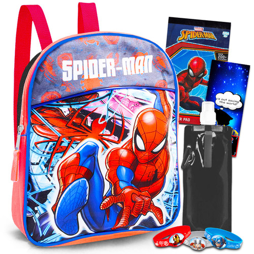 Marvel Shop Spiderman School Bag Mini Backpack for Kids -- 4 Pc Bundle With 11 inch Marvel Spiderman Travel Backpack for Boys Girls, Water Bottle, Stickers, And More (Spiderman School Supplies)