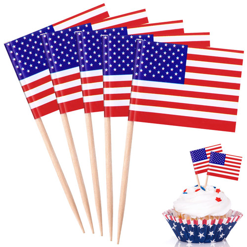 PAFUWEI Mini American Flags on Stick,100 Pcs Small American Flag Toothpicks Patriotic Toothpicks Flags 4th of July Cupcake Toppers Small Us Flag Toothpicks for Appetizers Cocktail Food Cake