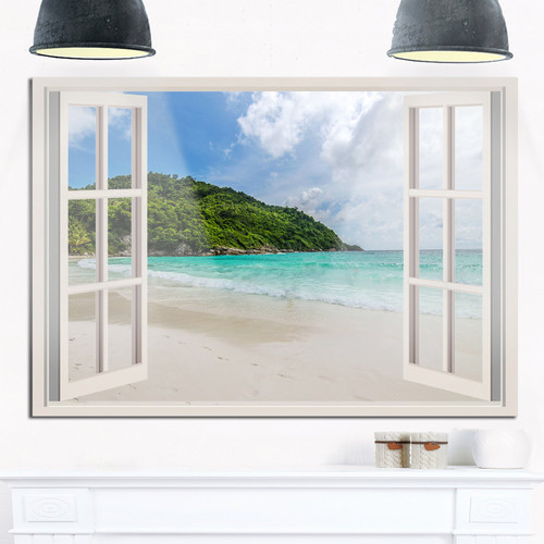 Designart Open Window to Calm Extra Large Seashore Metal Wall Art-20x12, 20x12, Blue/White Designart Open Window to Calm Extra Large Seashore Metal Wall Art-20x12, 20x12, Blue/White