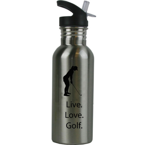 CustomGiftsNow Live. Love. Golf. Female Golfer Stainless Steel Water Bottle with Straw Top 20 Ounce 600ML Sport Golf Water Bottle