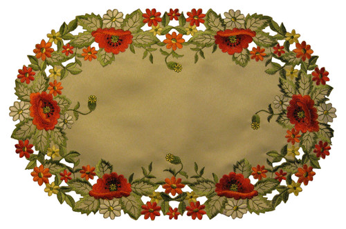 Sainty H0775-(16x45) Red Poppy Oval Table Runner, 16" x 45", Cream