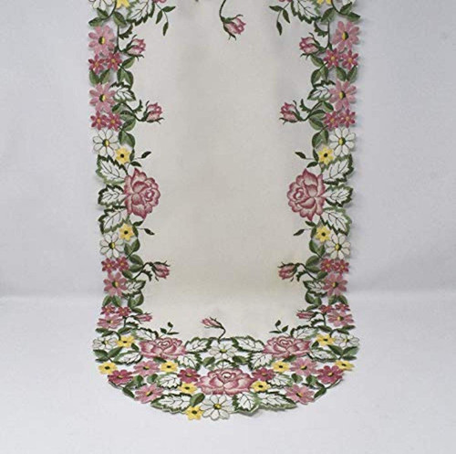 Sainty H0893-(16x45) Pink Rose/Yellow Daisy Oval Table Runner, 16" x 45", Cream