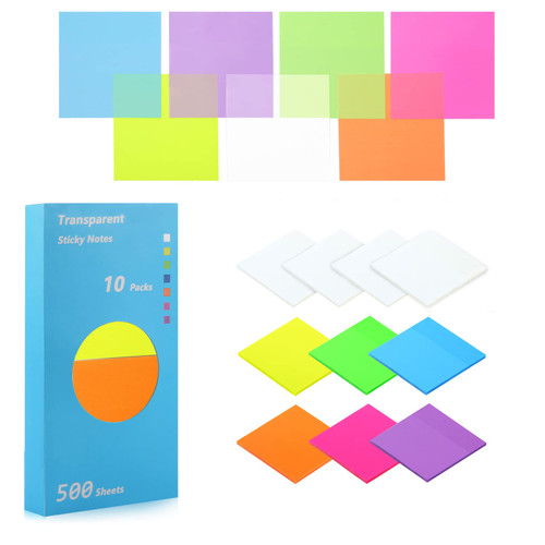 500 Sheets Multicolor Transparent Sticky Notes- 3 x 3 Inch- ZAOOTG Clear Sticky Notes Memo Pad Stickers for Annotating, Translucent Sticky Notes for Office & School Supplies (10 Pads, 7 Color)