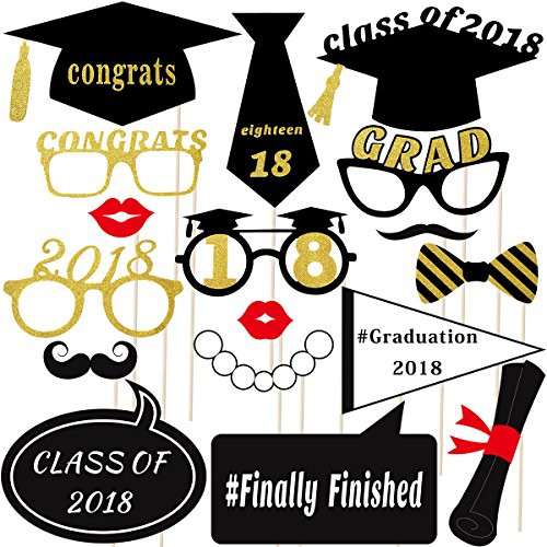 BESTOYARD 2018 Graduation Photo Props Graduation Photo Booth Props 2018 Graduation Party Photo Booth Props Kit Glitter Photo Props for Graduation Favors 18 Pcs
