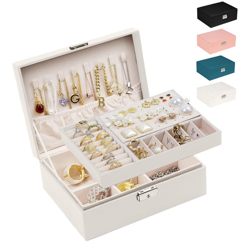 SYCARON Jewelry Organizer Box for Women Girls, Jewellry Organizer Case 2 Layer PU Leather Soft Lining with Lock for Rings Earrings Necklace Bracelets, White
