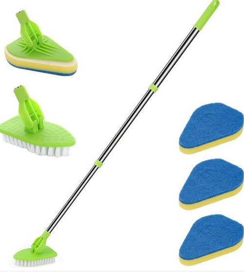 2in1 Shower Cleaning Brush with Long Handle, 37" Shower Scrubber for Cleaning, Adjustable Shower Cleaning Brush with 1 Stiff Bristles & 3 Sponge Brushes for Bathtub Floor, Tub, Tile