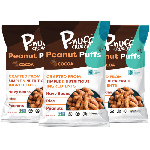 P-nuff Crunch Baked Peanut Puffs - Healthy Snacks, Gluten Free, Vegan, 20g Vegan Protein per Bag, Low FODMAP, Plant Based, Dairy Free, Gut-Friendly, as Seen on Shark Tank, 4oz Bag, Cocoa, Pack of 3