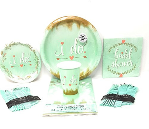 Bridal Shower Party Supplies (Mint to Be) 6-Piece Bundle, Disposable Plates, Napkins, Cups, Silverware,Table Cloth, Serves 16