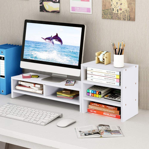 GOTOTOP Computer Laptop Monitor Riser Stand Desktop Wooden Storage Organizer with 3-Layer Storage Shelf Laptop TV Stand Desktop Wooden Storage Organizer Sit Monitor Risers (White)