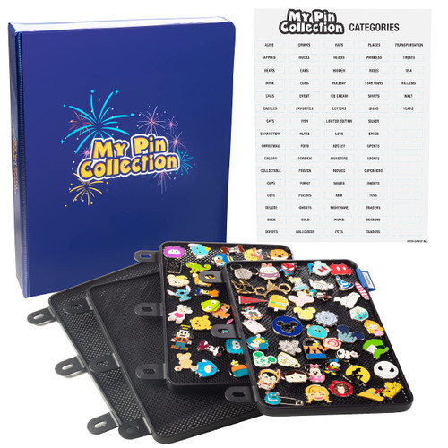 My Pin Collection 3-Ring Album Binder w 4 Enamel Pin Pages - Patented Design Lays Pages Flat with Pinbacks and No Sagging - Display and Trade Your Favorites - Organizational Stickers Included