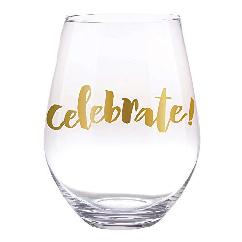 slant collections Clear with Gold Writing Birthday Gift Jumbo Stemless Wine Glass Holds a Whole Wine Bottle, 30-Ounces, Celebrate!