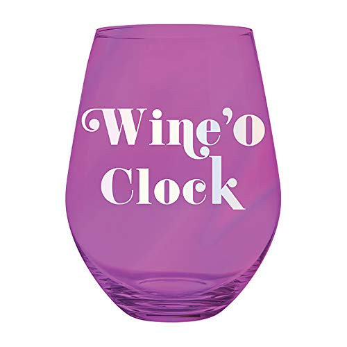 slant collections Purple with White Retro Writing Funny Birthday Gift Jumbo Stemless Wine Glass Holds a Whole Wine Bottle, 30-Ounces, Wine 'O Clock