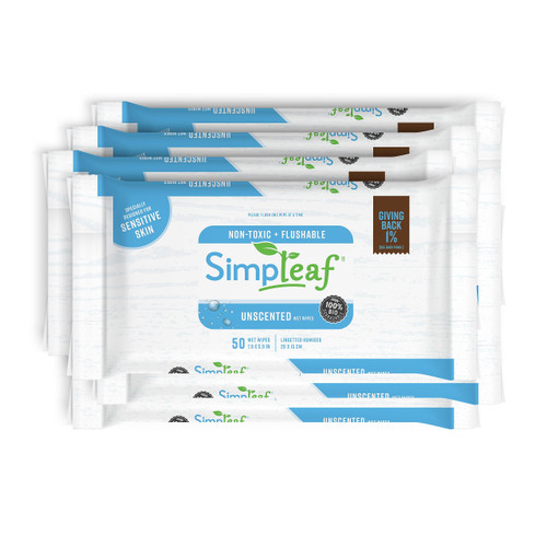 Simpleaf Wet Wipes Flushable Unscented - Eco-Friendly, Paraben & Alcohol Free - Septic Safe & Hypoallergenic For Sensitive Skin - Unscented Soothing Aloe Vera & Vitamin E Formula (6 x 50 Count) Pack