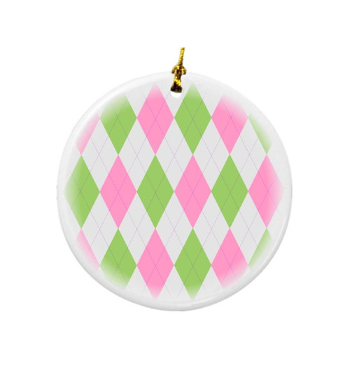 Rikki Knight Pink Green Argyle on Grey Design Round Porcelain Two-Sided Christmas Ornaments