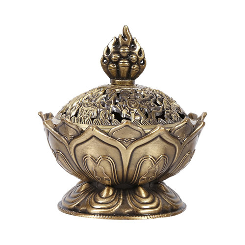 Lotus Incense Burner 9 Holes Mini Vintage Incense Burner Cover Lotus Flower Shaped Incense Holder for Stick and Cone Incense(Bronze)