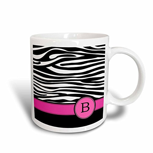 3dRose mug_154273_1 Letter B Monogrammed Black and White Zebra Stripes Animal Print with Hot Pink Personalized Initial Ceramic Mug, 11-Ounce