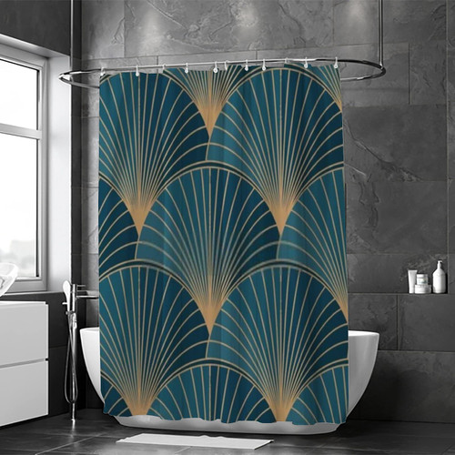 Kuizee Bathroom Shower Curtain 72 x 72 Inch with 12 Hooks Golden Elements Blue Art Deco Style Bathtubs Polyester Waterproof Shower Curtains Set Fabric Decor Easy Install