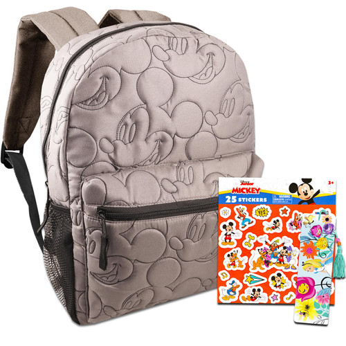 Mickey Mouse School Backpack Kids 16 Inches - Bundle with Mickey Backpack, Mickey Mouse Stickers, Bookmark | Mickey Quilted Backpack for Toddlers