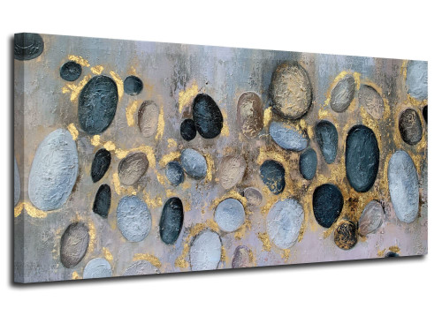 Arjun Abstract Wall Art Large Gold Gray Brown Canvas Stone Geometric Painting Circle Grey Picture, Modern Artwork Framed Large Ready to Hang for Bathroom Bedroom Living Room Office Home Decor 40"x20"