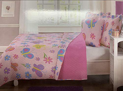 Superior Home 3pc Kids Teens Girls Twin Bedspread Quilt Set, Pink Lilac Yellow Flowers Butterfly Print Design Coverlet for Girls Teens, Twin Butterfly Quilt