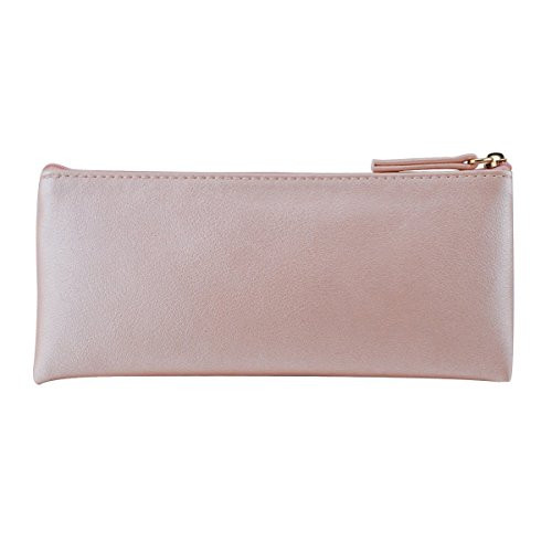 XYBAGS PU Leather Small Pencil Case Pen Bag with Zipper, PU Leather Makeup Pouch Makeup Case Cosmetic Pouch (Pink)