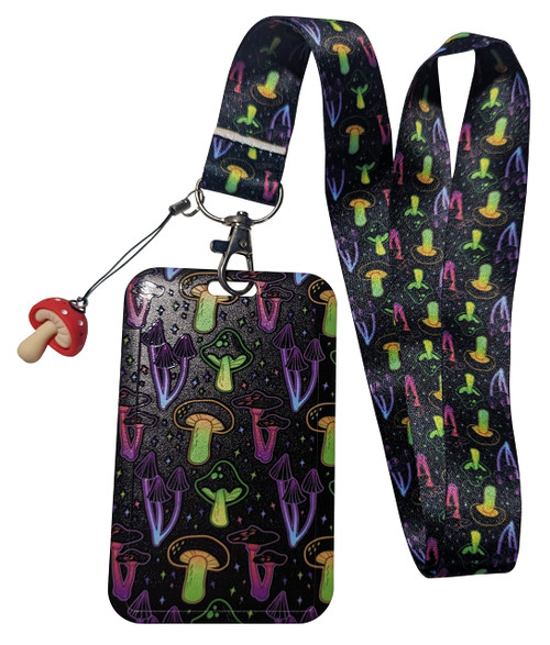 Colorful Mushrooms Print Lanyard w/ID Badge Holder and Charm