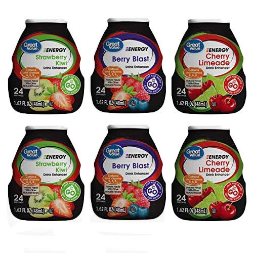 Great Value Liquid Flavor Enhancer | ENERGY & ELECTROLYTES | Sugar-Free, Added caffeine & Vitamins| Strawberry-Kiwi, Cherry Limeade, Berry Blast | 6 Bottles 1.62 oz