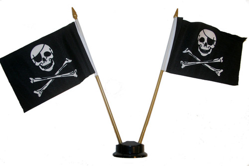 2 Pirate & Cross Bones Small 4 X 6 Inch Mini Stick Flag Banner with DOUBLE BLACK STAND on a 10 Inch Plastic Pole New