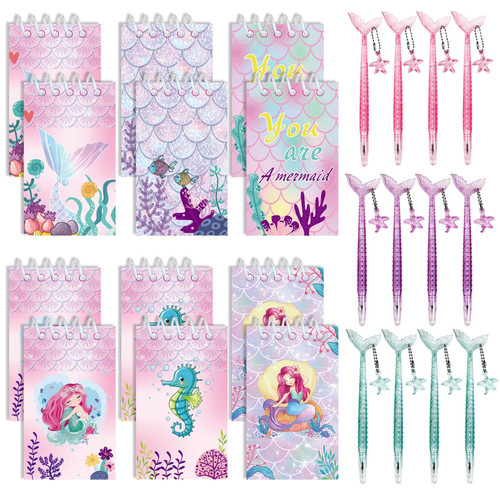 24 Pcs Ocean Themed Party Favors for Kids - 12 Mermaid Mini Spiral Notepads and 12 Little Mermaid Black Pen for Sea Ocean Themed Party Supplies Girls and Boys Birthday Party Decorations Classroom Gifts Mermaid pen and pad