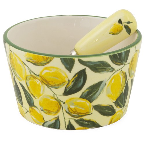 Boston International Ceramic Bowl and Stainless Steel Spreader, 4.75 x 2.75-Inches, Painterly Lemons