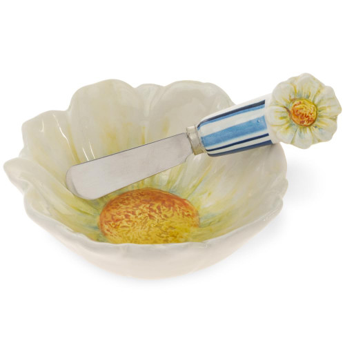 Boston International Ceramic Bowl and Spreader Serving Set, 8 Ounces, Agnetha Daisy