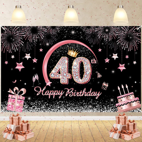 Rose Gold Birthday Party Decoration for Women, Happy 40th Birthday Banner, Extra Large Fabric Backdrop Banner 40 Sign Poster for Anniversary Photo Booth Backdrop, 40 Years Old Birthday Party Supplies