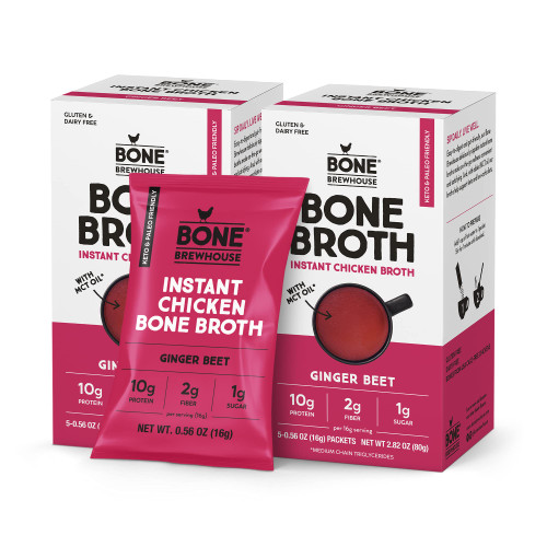 Bone Brewhouse - 2 Pack - Chicken Bone Broth Protein Powder - Ginger Beet Flavor - Keto & Paleo Friendly - Instant Soup Broth - 10g Protein - Natural Collagen & Gluten-Free - 10 Individual Packets