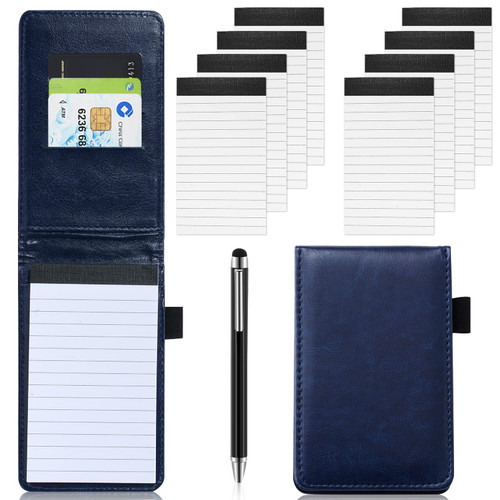 10Pcs Mini Pocket Notepad Holder Set,Durable Cover,Refillable,Leather Pocket Notebook with Pen,8Pcs 3"x5" Memo Book Refills with 30 Lined Paper Per Note Pad,Leather Notepad Pocket Business Notebook (Blue)