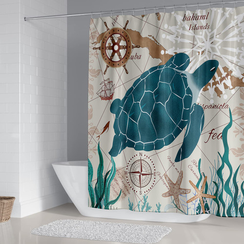 DDS-DUDES Sea Turtle Shower Curtain for Bathroom Ocean Shower Curtain Polyester Fabric Waterproof Teal Turtle Theme Decor with Hooks 71 x 71 inches